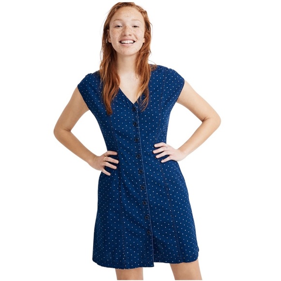 Madewell Indigo Cap-Sleeve Button-Front Dress in Rainbow Heart Women’s Size 4 - Picture 1 of 10
